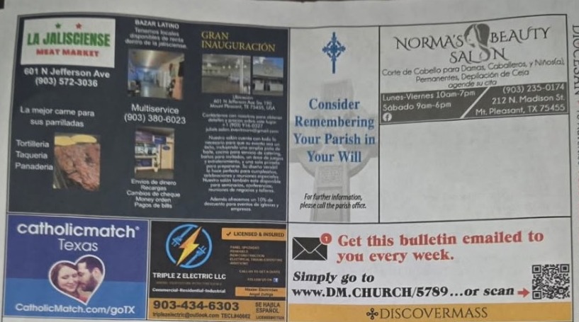 St. Michael Catholic Church bulletin page featuring the Triple Z Electric LLC advertisement